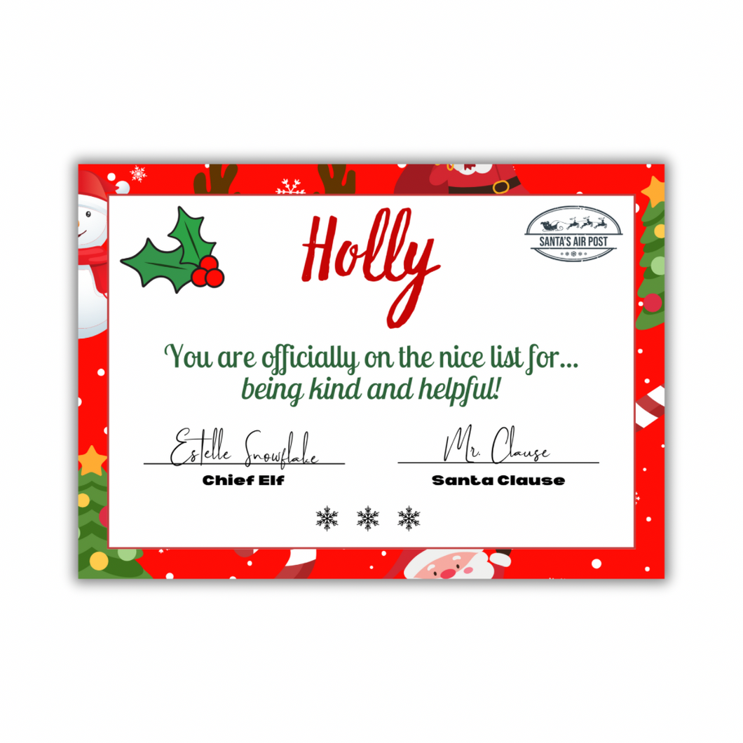 Personalised Nice list certificate - Christmas